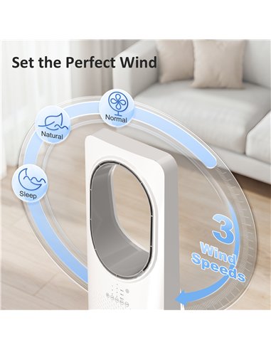 HOMCOM Bladeless Tower Fan for Bedroom, 36dB Standing Cooling Fan with Oscillating, 3 Speeds, 3 Modes, 15H Timer, White