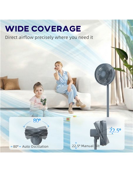 HOMCOM 40 cm Standing Fan, Cooling Floor Fan with 80° Oscillating, Adjustable Tilt and Height, 4 Speed, Remote Control, Grey - pic 178875 | FastDaddyshop