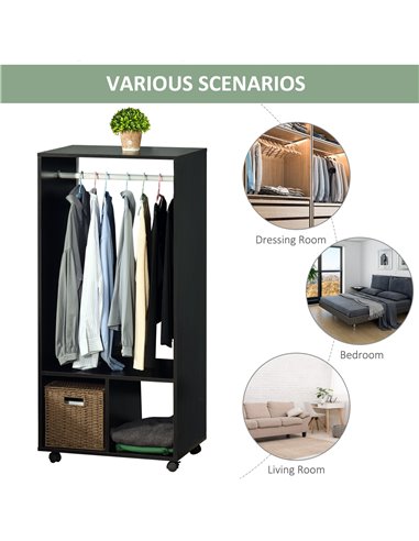 HOMCOM Open Wardrobe with Hanging Rod and Storage Shelves Mobile Garment Rack on Wheels Bedroom, Cloakroom, Black