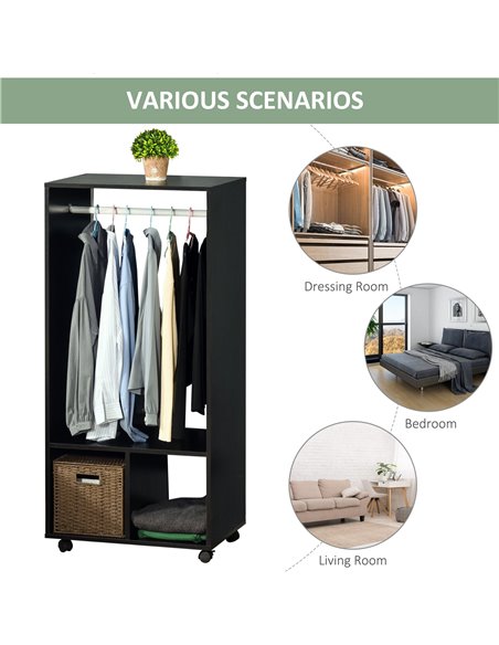 HOMCOM Open Wardrobe with Hanging Rod and Storage Shelves Mobile Garment Rack on Wheels Bedroom, Cloakroom, Black - pic 17888 | FastDaddyshop