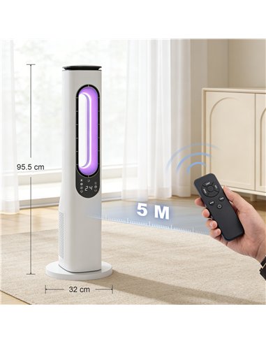 HOMCOM Bladeless Tower Fan for Bedroom, 35dB Standing Cooling Fan with Oscillating, LED Lights, 3 Speeds, 15H Timer, White