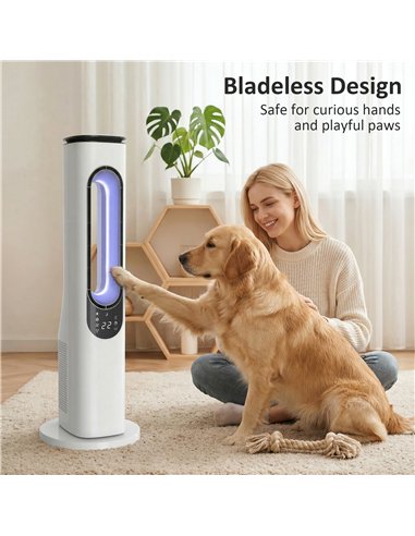 HOMCOM Bladeless Tower Fan for Bedroom, 35dB Standing Cooling Fan with Oscillating, LED Lights, 3 Speeds, 15H Timer, White