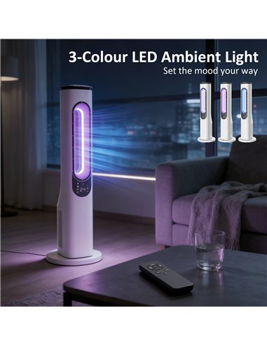 HOMCOM Bladeless Tower Fan for Bedroom, 35dB Standing Cooling Fan with Oscillating, LED Lights, 3 Speeds, 15H Timer, White