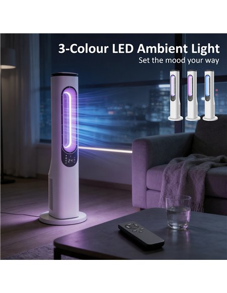 HOMCOM Bladeless Tower Fan for Bedroom, 35dB Standing Cooling Fan with Oscillating, LED Lights, 3 Speeds, 15H Timer, White - pic 178885 | FastDaddyshop