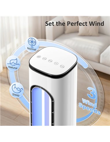 HOMCOM Bladeless Tower Fan for Bedroom, 35dB Standing Cooling Fan with Oscillating, LED Lights, 3 Speeds, 15H Timer, White