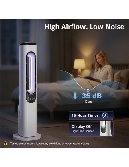 HOMCOM Bladeless Tower Fan for Bedroom, 35dB Standing Cooling Fan with Oscillating, LED Lights, 3 Speeds, 15H Timer, White - pic 178887 | FastDaddyshop