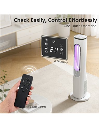 HOMCOM Bladeless Tower Fan for Bedroom, 35dB Standing Cooling Fan with Oscillating, LED Lights, 3 Speeds, 15H Timer, White