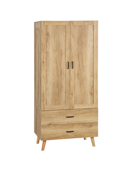 HOMCOM 2 Door Wardrobe, Modern Wardrobe with 2 Drawer and Hanging Rail for Bedroom, Natural - pic 17892 | FastDaddyshop