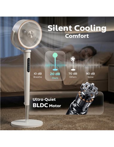 HOMCOM 20dB Silent Standing Fan, 70°+90° Auto Oscillating Fan with 12 Speeds, LED Light, Air Circulator, Remote Control, 12H Tim