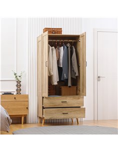 HOMCOM 2 Door Wardrobe, Modern Wardrobe with 2 Drawer and Hanging Rail for Bedroom, Natural 2