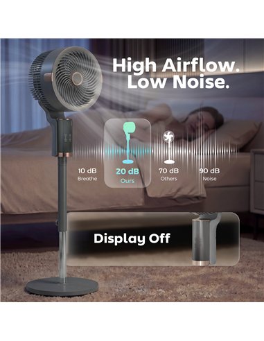 HOMCOM 20 dB Silent Standing Fan for Bedroom, 44" Pedestal Fan with 90° Oscillating, 8 Speeds and LED Light, Grey