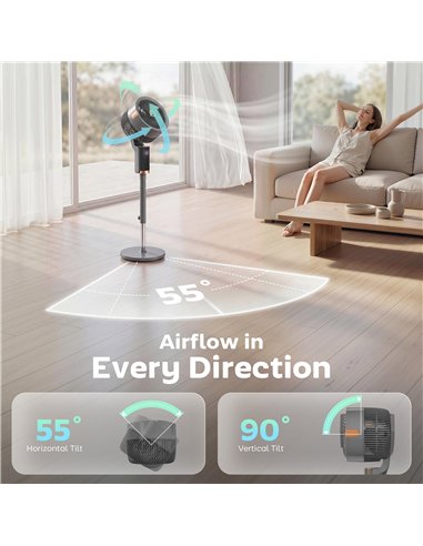 HOMCOM 20 dB Silent Standing Fan for Bedroom, 44" Pedestal Fan with 90° Oscillating, 8 Speeds and LED Light, Grey