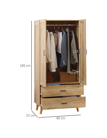 HOMCOM 2 Door Wardrobe, Modern Wardrobe with 2 Drawer and Hanging Rail for Bedroom, Natural - pic 17894 | FastDaddyshop
