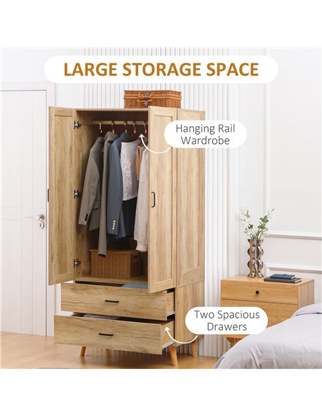 HOMCOM 2 Door Wardrobe, Modern Wardrobe with 2 Drawer and Hanging Rail for Bedroom, Natural - pic 17895 | FastDaddyshop