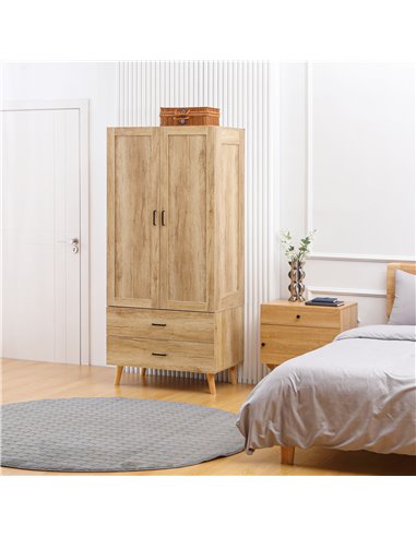 HOMCOM 2 Door Wardrobe, Modern Wardrobe with 2 Drawer and Hanging Rail for Bedroom, Natural
