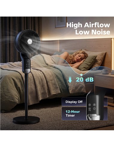 HOMCOM 20 dB Silent Standing Fan, Pedestal Fan with Remote, Oscillating, 8 Speeds, Adjustable Height, 12H Timer