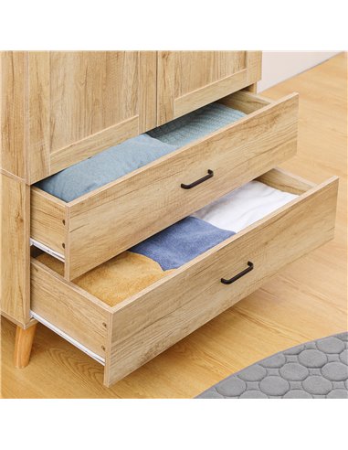 HOMCOM 2 Door Wardrobe, Modern Wardrobe with 2 Drawer and Hanging Rail for Bedroom, Natural