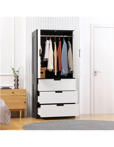HOMCOM 2 Door Wardrobe, Modern Wardrobe with 3 Drawers and Hanging Rod for Bedroom, White