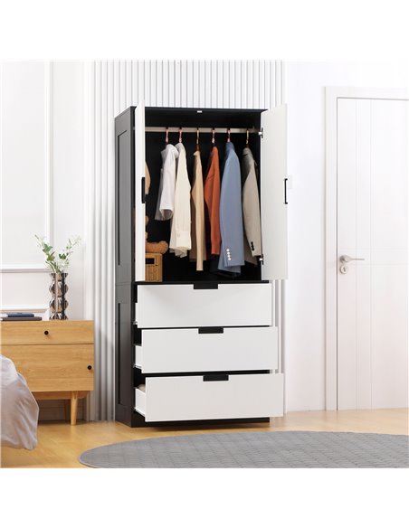HOMCOM 2 Door Wardrobe, Modern Wardrobe with 3 Drawers and Hanging Rod for Bedroom, White - pic 17902 | FastDaddyshop