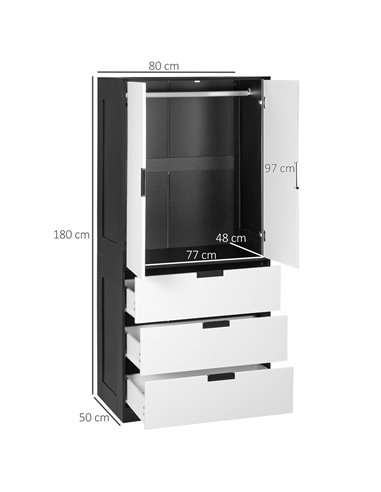 HOMCOM 2 Door Wardrobe, Modern Wardrobe with 3 Drawers and Hanging Rod for Bedroom, White