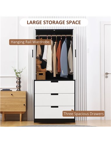 HOMCOM 2 Door Wardrobe, Modern Wardrobe with 3 Drawers and Hanging Rod for Bedroom, White