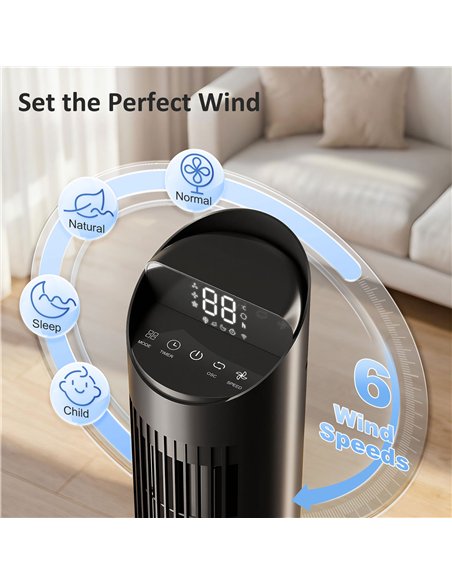 HOMCOM Tower Fan with WiFi App Control Standing Floor Cooling Fan Remote Control 101.8 cm Black - pic 179101 | FastDaddyshop