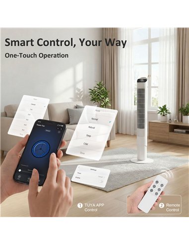 HOMCOM Tower Fan with WiFi App Control Standing Floor Cooling Fan Remote Control 101.8 cm White