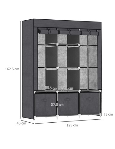 HOMCOM Fabric Wardrobe, Portable Wardrobe with 5 Shelves, 2 Hanging Rails and 3 Fabric Drawers, Foldable Closets, 125 x 43 x 162