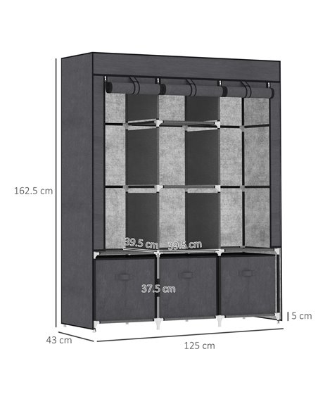 HOMCOM Fabric Wardrobe, Portable Wardrobe with 5 Shelves, 2 Hanging Rails and 3 Fabric Drawers, Foldable Closets, 125 x 43 x 162 - pic 17912 | FastDaddyshop
