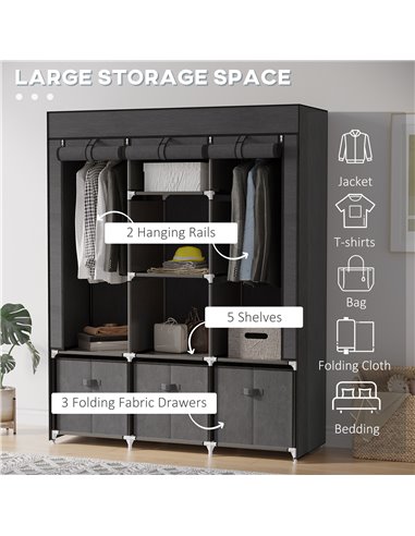HOMCOM Fabric Wardrobe, Portable Wardrobe with 5 Shelves, 2 Hanging Rails and 3 Fabric Drawers, Foldable Closets, 125 x 43 x 162