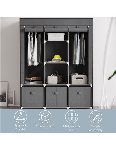 HOMCOM Fabric Wardrobe, Portable Wardrobe with 5 Shelves, 2 Hanging Rails and 3 Fabric Drawers, Foldable Closets, 125 x 43 x 162