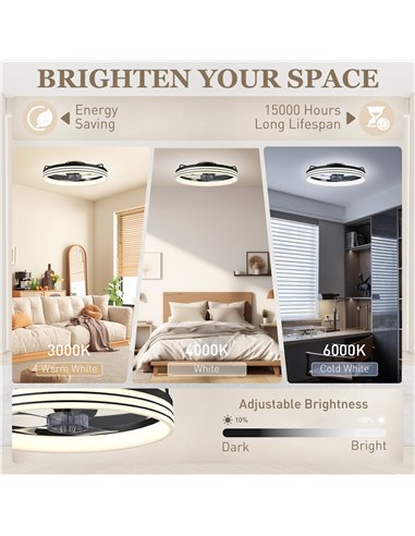 HOMCOM Ceiling Fans with Lights and Remote & App Control, 50cm LED Ceiling Fan Light with 3 Colour Temperatures, 6 Speed, Black