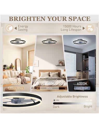 HOMCOM Ceiling Fan with Light and Remote, LED Mount Ceiling Fan with 3 Colour Temperatures, 6 Speed, 50 cm, Black