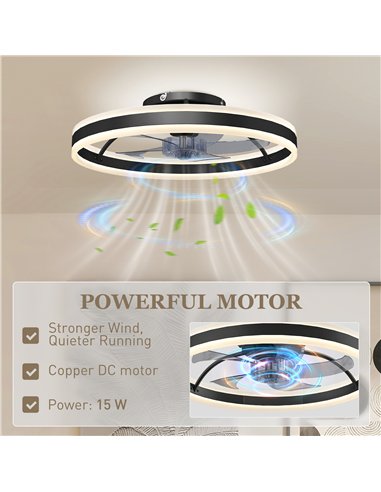 HOMCOM Ceiling Fan with Light and Remote, LED Mount Ceiling Fan with 3 Colour Temperatures, 6 Speed, 50 cm, Black