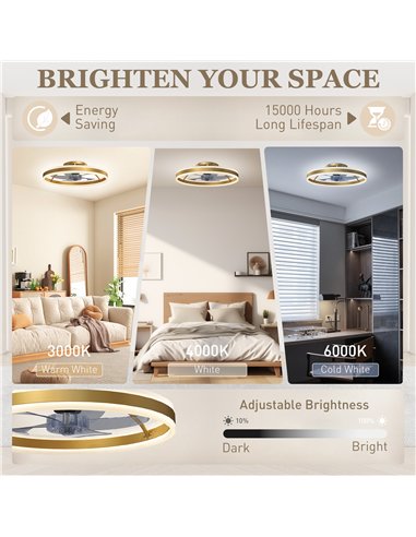 HOMCOM Ceiling Fan with Light and Remote, LED Mount Ceiling Fan with 3 Colour Temperatures, 6 Speed, 50 cm, Gold Tone