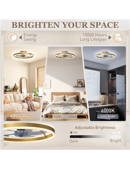 HOMCOM Ceiling Fan with Light and Remote, LED Mount Ceiling Fan with 3 Colour Temperatures, 6 Speed, 50 cm, Gold Tone - pic 179244 | FastDaddyshop