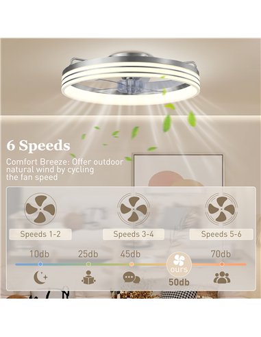 HOMCOM Ceiling Fans with Lights and Remote & App Control, 50cm LED Ceiling Fan Light with 3 Colour Temperatures, 6 Speed, Silver