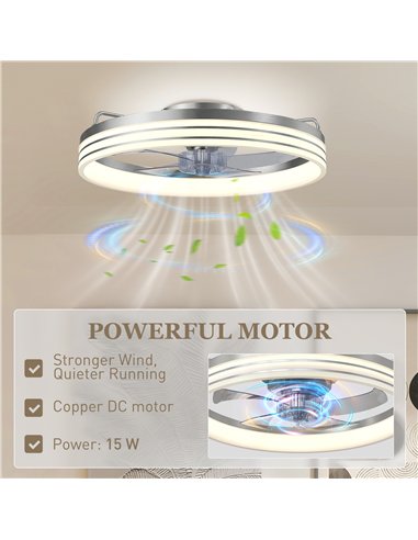 HOMCOM Ceiling Fans with Lights and Remote & App Control, 50cm LED Ceiling Fan Light with 3 Colour Temperatures, 6 Speed, Silver
