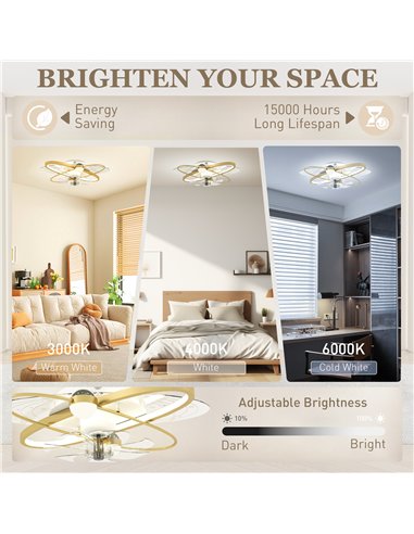 HOMCOM Ceiling Fan with Light and Remote, 3 Colour Temperatures, LED Mount Ceiling Fan Light for Bedroom, Gold Tone