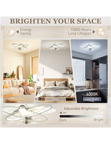HOMCOM Ceiling Fan with Light and Remote, 3 Colour Temperatures, LED Mount Ceiling Fan Light for Bedroom, Silver Tone
