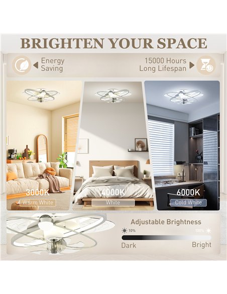 HOMCOM Ceiling Fan with Light and Remote, 3 Colour Temperatures, LED Mount Ceiling Fan Light for Bedroom, Silver Tone - pic 179271 | FastDaddyshop