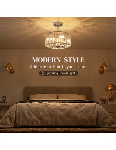 HOMCOM Semi Flush Mount Modern Crystal Chandelier Ceiling Light, Crystal Ceiling Light Fixture with E14 Base, Silver Tone