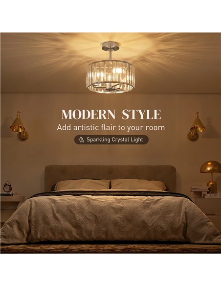 HOMCOM Semi Flush Mount Modern Crystal Chandelier Ceiling Light, Crystal Ceiling Light Fixture with E14 Base, Silver Tone - pic 179279 | FastDaddyshop