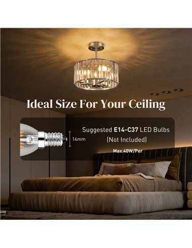 HOMCOM Semi Flush Mount Modern Crystal Chandelier Ceiling Light, Crystal Ceiling Light Fixture with E14 Base, Silver Tone