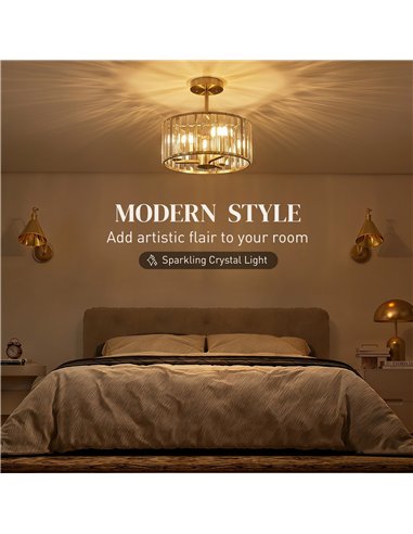 HOMCOM Semi Flush Mount Modern Crystal Chandelier Ceiling Light, Crystal Ceiling Light Fixture with E14 Base, Gold