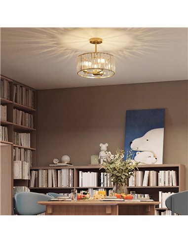 HOMCOM Semi Flush Mount Modern Crystal Chandelier Ceiling Light, Crystal Ceiling Light Fixture with E14 Base, Gold