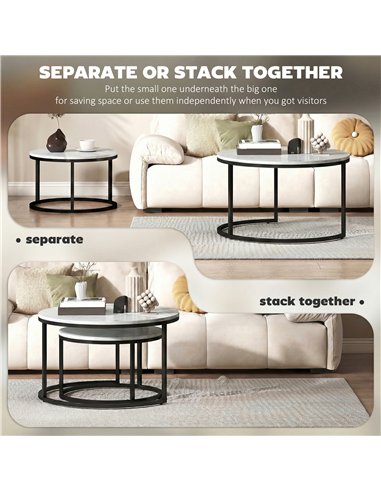 HOMCOM Set of Two Marble-Effect Stacking Tables - White