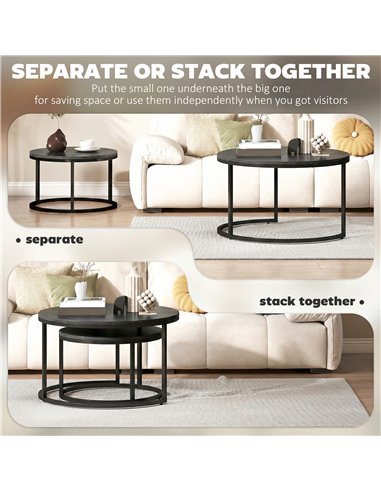 HOMCOM Set of Two Wood-Effect Stacking Tables - Black Wood Grain