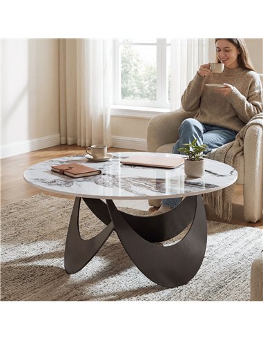 HOMCOM Coffee Table Sintered Stone Top Adjustable Foot Pads Modern Centre Table for Living Room White and Black