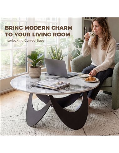 HOMCOM Coffee Table Sintered Stone Top Adjustable Foot Pads Modern Centre Table for Living Room White and Black